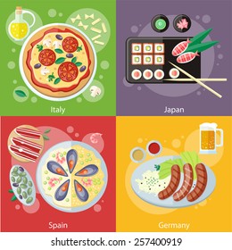 Oktoberfest Germany food. Paella Spanish meal with rice and seafood. Spain food concept. Italian food. Pizza with its ingredients. Japanese sushi traditional Japanese food. Concept in flat design