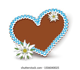 Oktoberfest gingerbread heart with Edelweiss,
Blank heart of gingerbread,
Vector illustration isolated on white background
