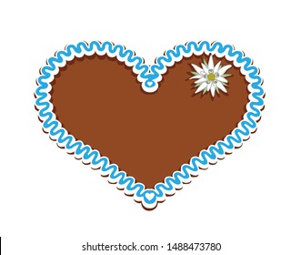Oktoberfest gingerbread heart with Edelweiss,
Blue Blank heart of gingerbread for Boy,
Vector illustration isolated on white background
