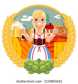 Oktoberfest girl with beer mug pretzel festival poster celebration field background flat design vector illustration