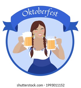 Oktoberfest girl with beer mugs. Beautiful smiling woman in bavarian dress dirndl. Vector flat illustration