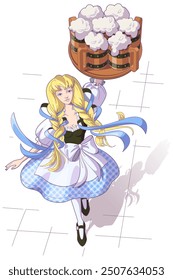 Oktoberfest girl blonde in blue dress carries tray with beer in wooden mugs. Vector cartoon illustration isolated on white