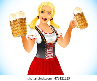 Oktoberfest Girl holden glass of beer with foamy lager. Waitress in traditional bavarian german clothes dirndl on Beer festival Oktoberfest. Blonde smiling open-mouthed. Vector illustration character.
