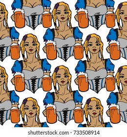 Oktoberfest girl holding the beers. Hand drawn vector stock illustration. Seamless background pattern