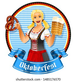 Oktoberfest girl holds beer glass and pretzel. Waitress in bavarian dirndl. Banner ribbon with title Oktoberfest. Young pretty blonde with blue eyes smiling. Vector illustration of cartoon character.