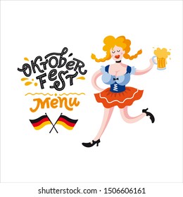 Oktoberfest girl menu. Vector flat color illustration for German beer festival in Munich. Lettering with woman with beer mug, pretzel and Bavarian flag. 