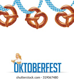 Oktoberfest girl and pretzels background EPS 10 vector royalty free stock illustration for greeting card, ad, promotion, poster, flier, blog, article, social media, marketing