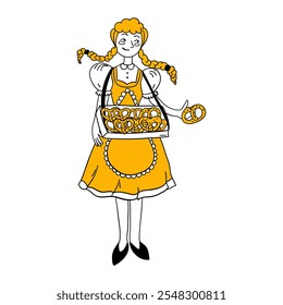 Oktoberfest Girl with Pretzels in Dirndl Dress. Happy smiling woman in traditional holiday Bavarian clothes. Cute young lady. Cartoon hand drawn line flat vector illustration isolated