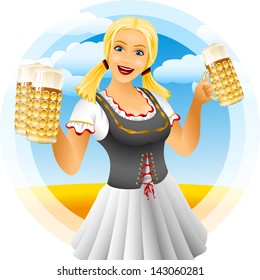 Oktoberfest girl serving glass of beer with foamy lager. Waitress in traditional bavarian german clothes dirndl on Beer festival Oktoberfest. Blonde smiling open-mouthed. Vector illustration character