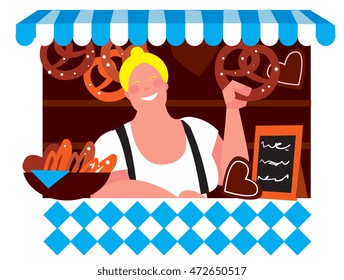 Oktoberfest girl in traditional dirndl dresses with pretzel isolated on white background
