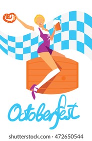 Oktoberfest girl in traditional dresses with beer isolated on white background.