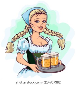 Oktoberfest girl waitress holds tray of beer. Vector cartoon illustration