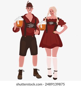 Oktoberfest Mädchen, Junge in nationalen deutschen Kostümen mit Bier Vektorgrafik flache Illustration, auf weißem Hintergrund