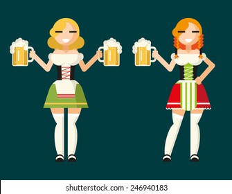 Oktoberfest Girls Female Characters Icons Traditional Costumes Accessories Flat Design Card Vector Illustration Concept