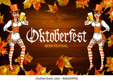 Oktoberfest Girls Female Characters Icons Traditional Costumes Accessories Flat Design Card Vector Illustration Concept art