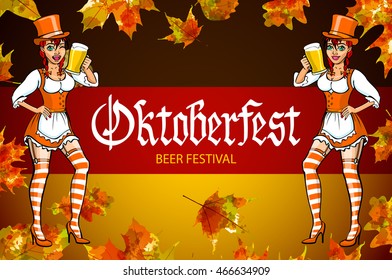 Oktoberfest Girls Female Characters Icons Traditional Costumes Accessories Flat Design Card Vector Illustration Concept art