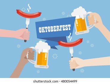 Oktoberfest with a glass of beer and sausage. Greeting card