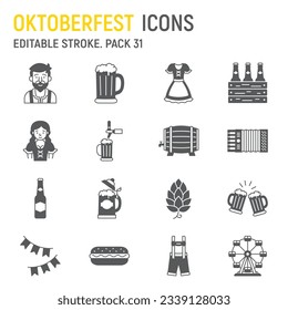 Oktoberfest glyph icon set, holiday collection, vector graphics, logo illustrations, beerfest vector icons, germany's symbols signs, solid pictograms, editable stroke