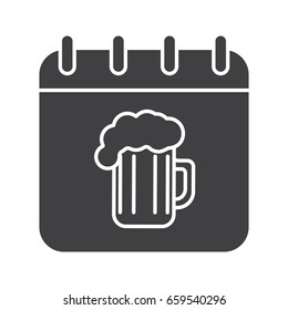 Oktoberfest glyph icon. Silhouette symbol. Calendar page with beer glass. Negative space. Vector isolated illustration