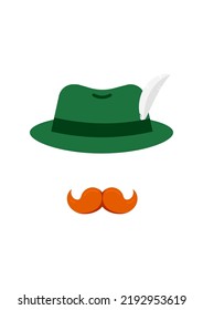 Oktoberfest green tirol hat with feather and mustache icon . German october fest costume. Flat design cartoon style vector illustration.