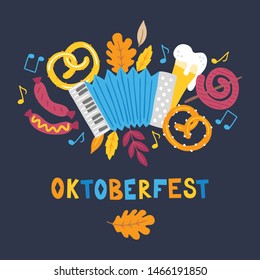 Oktoberfest Greeting Card With Accordion, Pretzel, Beer, Sausage, Leaves, Notes, Music, Glass On Dark Background. Perfect For Food And Beer Festival Posters