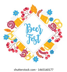 Oktoberfest greeting card with beer, berry, sausage, pretzel, flower, leaves and rhombus label on white background. Perfect for food and beer festival posters