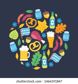 Oktoberfest greeting card with beer, sausage, pretzel, flower, meat, bottle, acorn, bavarian flag, leaves, maple, oak on dark background. Circle ornament. Perfect for food and beer festival posters
