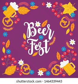 Oktoberfest greeting card with corner ornament - berry, beer, glass, leaves, sausage, flower, pretzel, edelweiss, maple. Perfect for food and beer festival posters