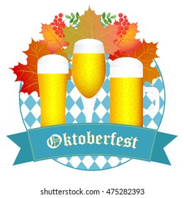 Oktoberfest greeting card. Oktoberfest design autumn. Oktoberfest blue background. Autumn background with leaves.