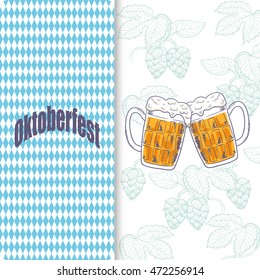 Oktoberfest greeting card design. Beer festival celebration. Poster with mug of beer and hop branches on background of blue rhombuses. Vector illustration.
