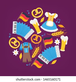Oktoberfest greeting card with dirndl, beer, pretzel, wheat, german flag, leaves, accordion, notes, flower, edelweiss on bordo background. Circle ornament. Perfect for food and beer festival posters