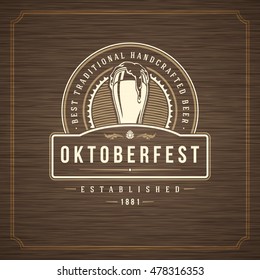 Oktoberfest Greeting card or Flyer on textured background. Beer festival celebration. Oktoberfest Badge or Logo Retro Vector illustration.