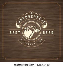 Oktoberfest Greeting card or Flyer on textured background. Beer festival celebration. Oktoberfest Badge or Logo Retro Vector illustration.