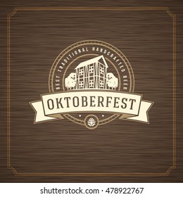 Oktoberfest Greeting card or Flyer on textured background. Beer festival celebration. Oktoberfest Badge or Logo Retro Vector illustration.