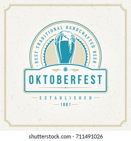 Oktoberfest Greeting card or Flyer on textured background. Beer festival celebration. Oktoberfest Badge or Logo Retro Vector illustration.