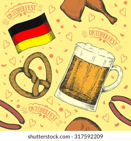 Oktoberfest greeting card with food and drinks. Vector illustration. 