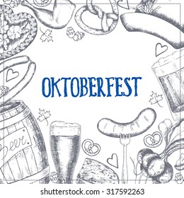 Oktoberfest greeting card with food and drinks. Vector illustration. 