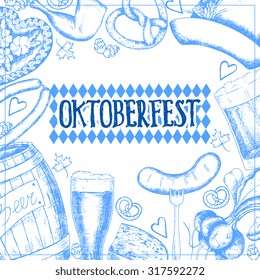 Oktoberfest greeting card with food and drinks. Vector illustration. 