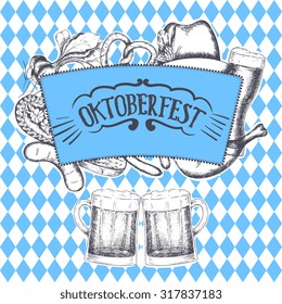 Oktoberfest greeting card with food and drinks. Vector illustration. 