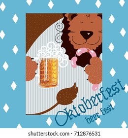 Oktoberfest greeting card with a happy lion, bratwurst and beer. Poster with mug of beer, and rhombuses on background. Vector illustration. Smile cartoon animal. Beer fest. Bavarian beer festival.