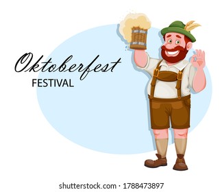 Oktoberfest greeting card. Man in Bavarian clothes, funny cartoon character. Munich beer festival Oktoberfest. Vector illustration