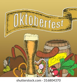 Oktoberfest greeting card with mug of beer on a brown background. Vector illustration. 