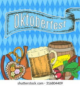 Oktoberfest greeting card with mug of beer on background of blue rhombuses. Vector illustration.