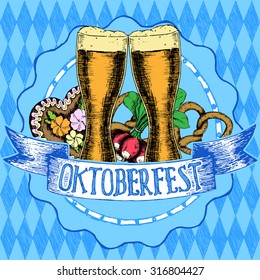 Oktoberfest greeting card with mug of beer on background of blue rhombuses. Vector illustration.