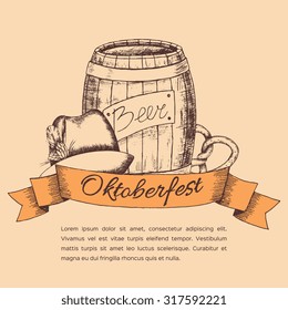 Oktoberfest greeting card with mug of beer on a brown background. Vector illustration. 
