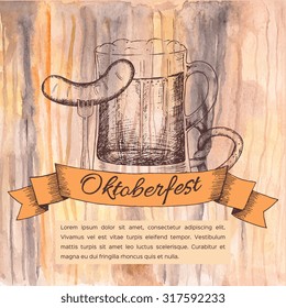 Oktoberfest greeting card with mug of beer on a brown background. Vector illustration. 