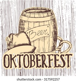 Oktoberfest greeting card with mug of beer on a brown background. Vector illustration. 