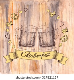 Oktoberfest greeting card with mug of beer on a brown background. Vector illustration. 