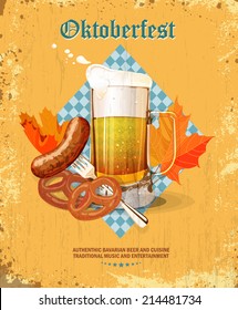 Oktoberfest greeting card. Poster with mug of beer, hops, pretzels, autumn leaves, sausages, beer foam, flag of Germany on background of blue rhombuses. Vector illustration.