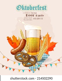 Oktoberfest greeting card. Poster with mug of beer, pretzels, autumn leaves, sausages, beer foam on beige background. Blue rhombuses. Vector illustration.